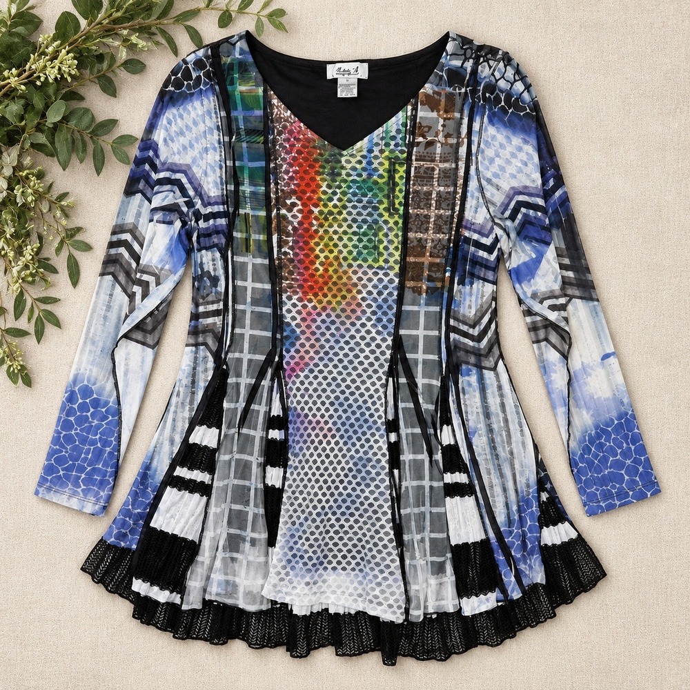 Ania A Tunic Top Multi Color Patchwork Mesh Pleated MIxed Media Art to Wear XL